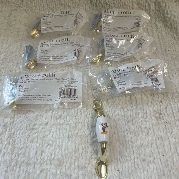 NEW set of 6 Allen +Roth  Mikey Mouse White porcelain & polish brass Drawer pull - Picture 2 of 8
